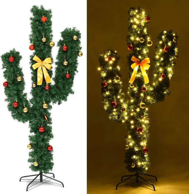 Pre-Lit Cactus-Themed Artificial Christmas Tree – Festive LED Illuminated Design with Ornaments