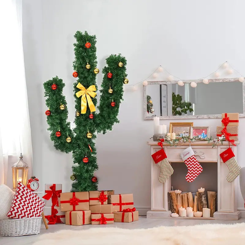 Pre-Lit Cactus-Themed Artificial Christmas Tree – Festive LED Illuminated Design with Ornaments