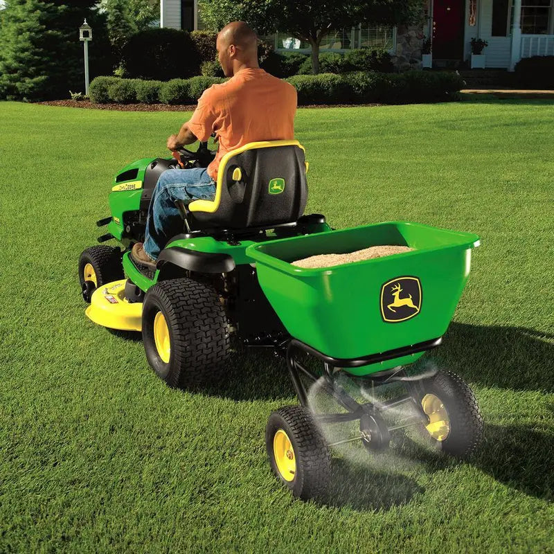 John Deere 175 lb Tow-Behind Broadcast Spreader – Rustproof Poly Hopper, Universal Hitch Compatibility