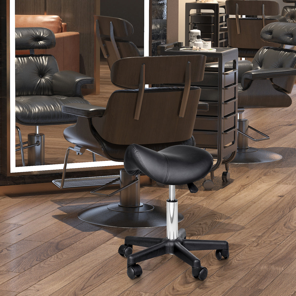 HOMCOM Rollhocker, sattelförmiger Sitz, höhenverstellbar, um 360° drehbar, Kunstleder, schwarz, 35 x 38 x 45-55 cm