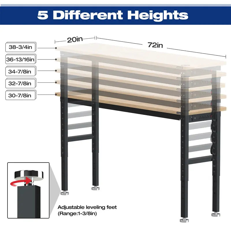 WORKPRO 72-Inch Heavy-Duty Adjustable Workbench – 3000lb Load Capacity with Built-in Power Outlets