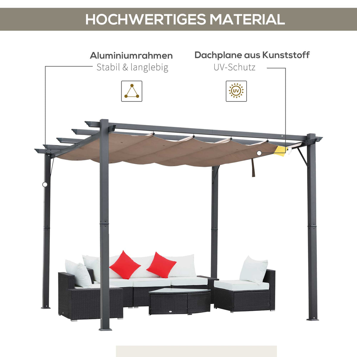 Outsunny Pergola Pavillon Terrassenüberdachung mit Schiebedach Garten Alu Kohlegrau+Kaffeebraun 3x3x2,23 m