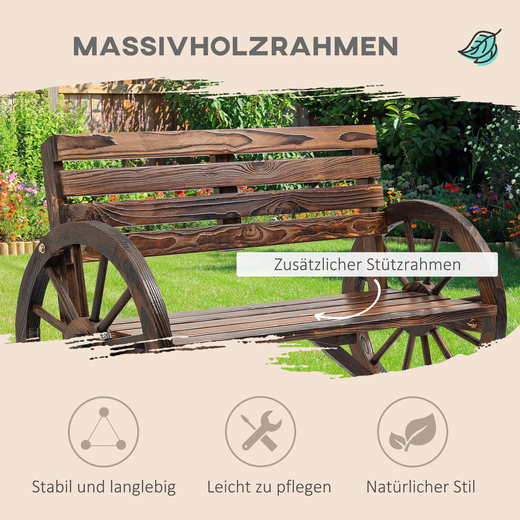 Outsunny Gartenbank, Wagenrad-Design, für 2 Personen, Naturholz, dunkelbraun, 105,5 x 56 x 79cm