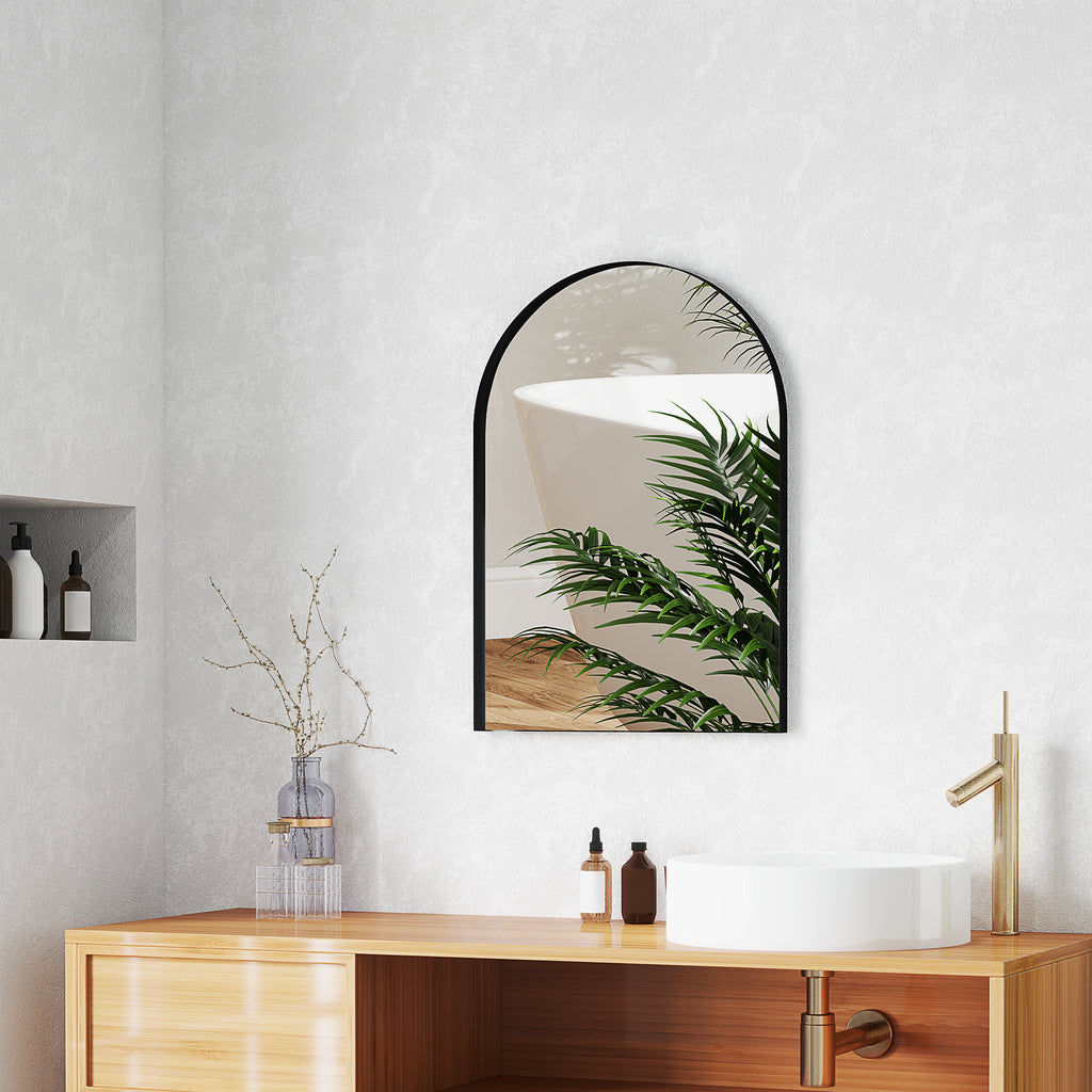 HOMCOM Gebogener Badezimmerspiegel, 50 x 70 cm, Bad-Spiegel mit Aluminium-Rahmen, Deko-Spiegel, Küche, Schwarz