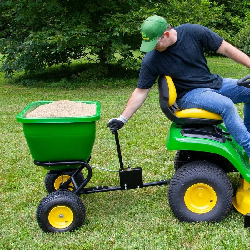 John Deere 175 lb Tow-Behind Broadcast Spreader – Rustproof Poly Hopper, Universal Hitch Compatibility