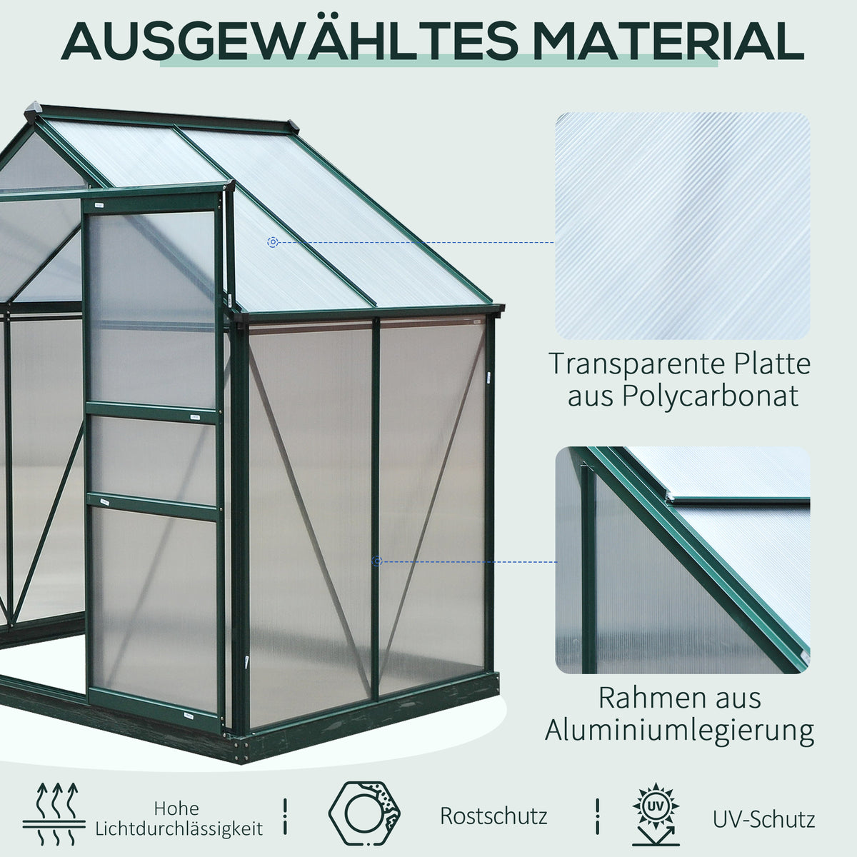Outsunny Gewächshaus mit Dachfenster Aluminium Treibhaus 190 cm x 132 cm x 201 cm Grün + Transparent