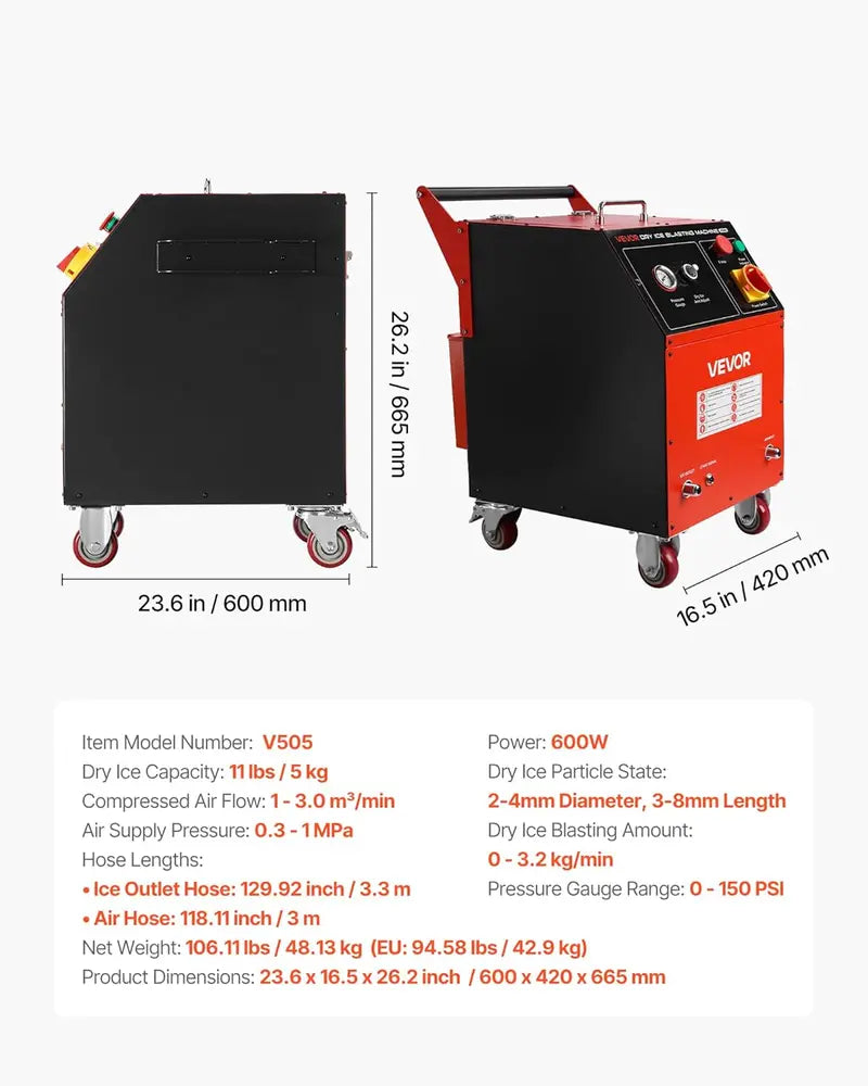 Industrial Dry Ice Blasting Machine – 5 kg Hopper, 4 Interchangeable Nozzles, Adjustable Pressure, Mobile Cleaner for Auto, Marine & Aerospace Use