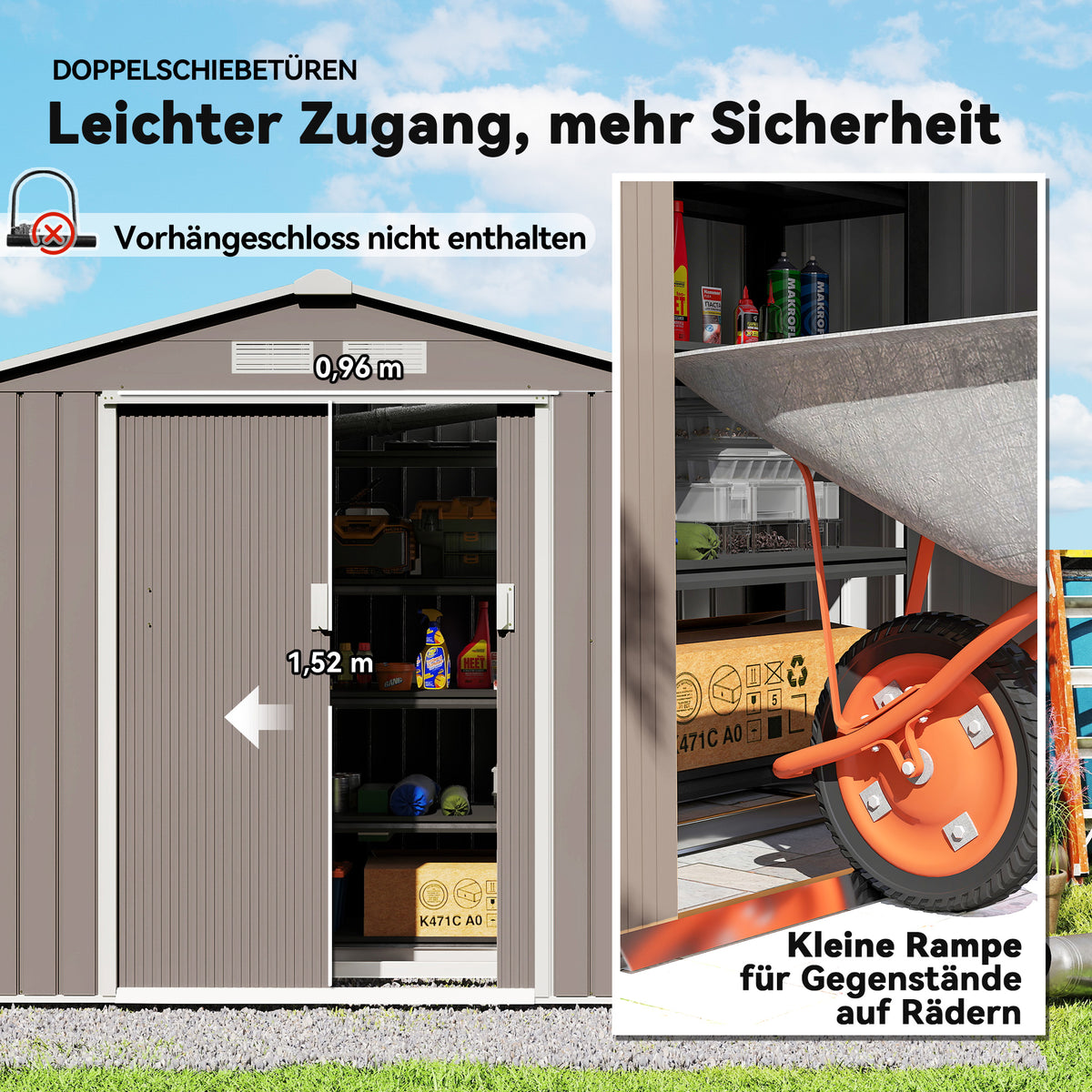 Outsunny Geräteschuppen mit Schiebetüren 2,13 x 1,30 x 1,85cm Metall Grau