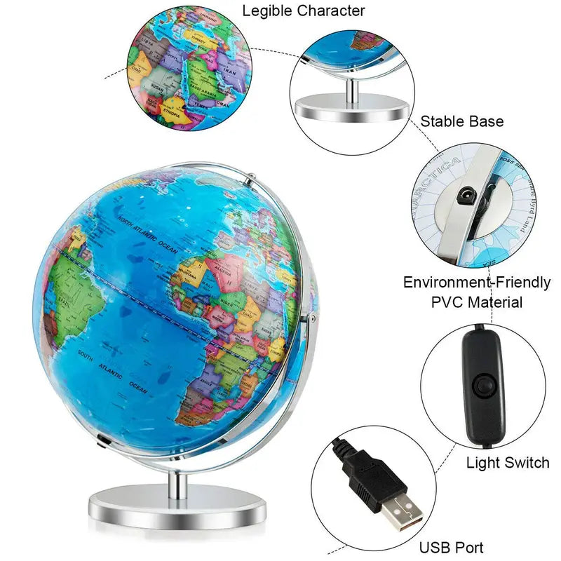 Illuminated Desktop World Globe — Educational LED-Lit Geographic Model