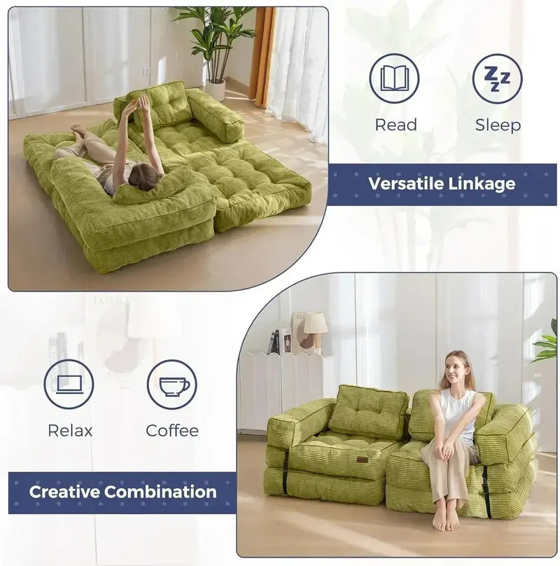 L-Shaped Folding Sofa Bed – Convertible Living Room Lounger with Armrests & Pillows