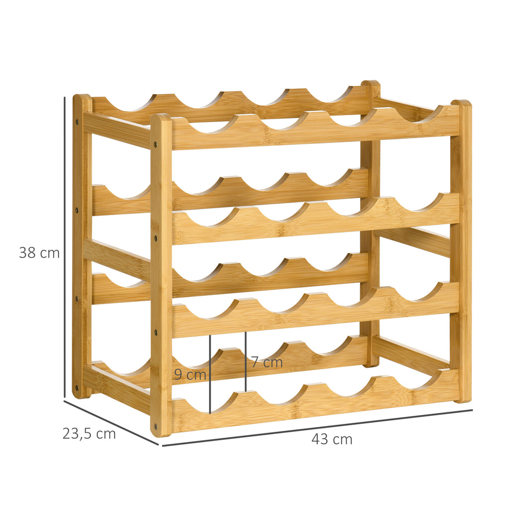 HOMCOM Weinregal aus Bambus für 16  Weinflaschen, 4 Regale, 43 cm x 23,5 cm x 38 cm Natur