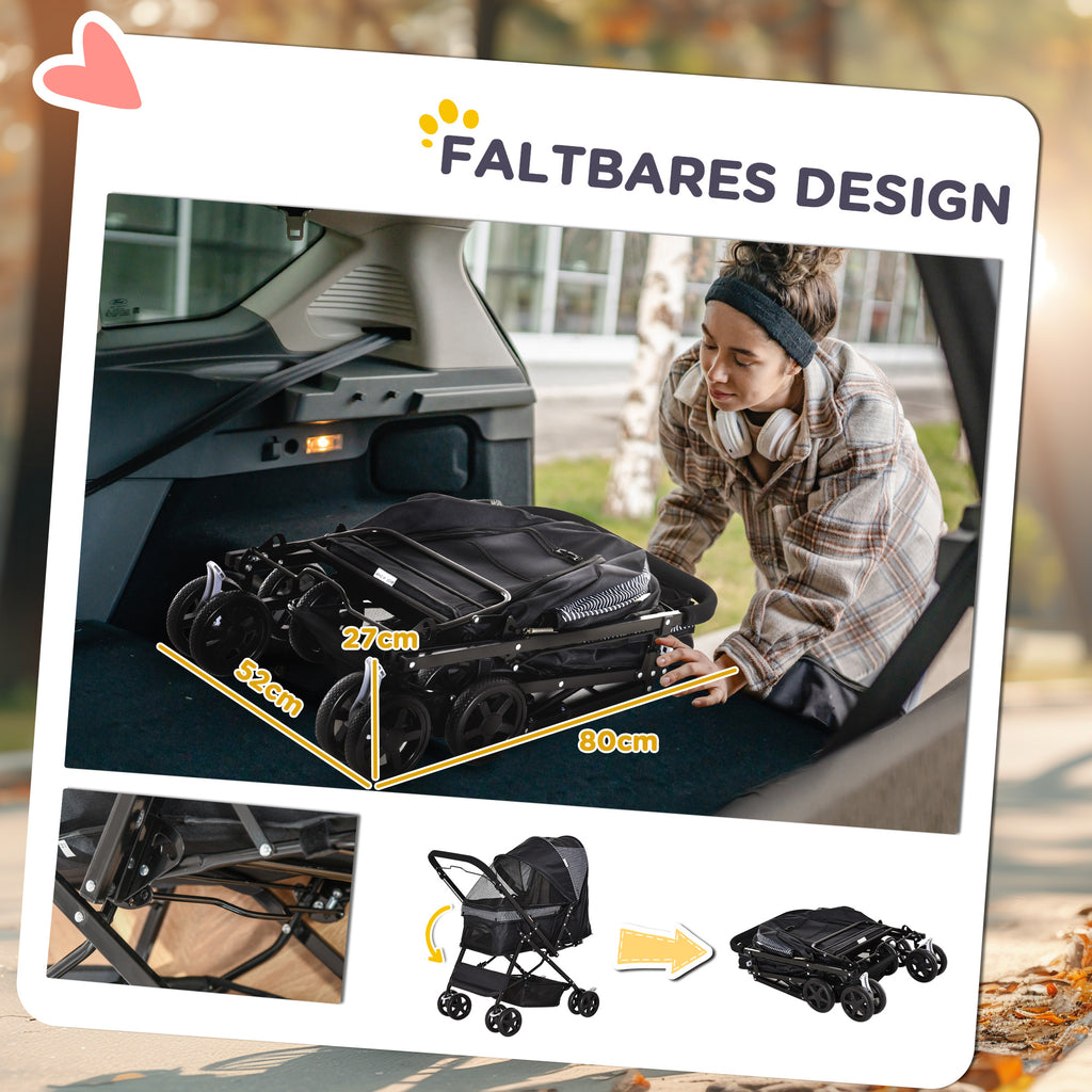 PawHut Hundebuggy Hundewagen Buggy für kleine Hunde und Katzen Haustierwagen Pet Stroller Katzenbuggy Oxford Schwarz 76,5 x 52 x 95 cm