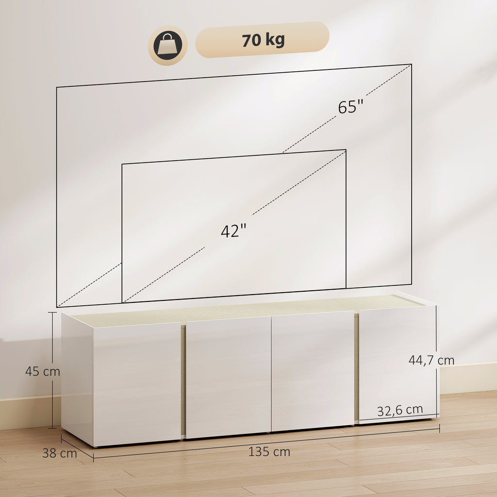 HOMCOM TV-Kommode für 65-Zoll-Fernseher, Fernseh-Schrank mit Soft-Close-Türen, anpassbare Regale, Kabellöcher, für Wohnzimmer, Weiß
