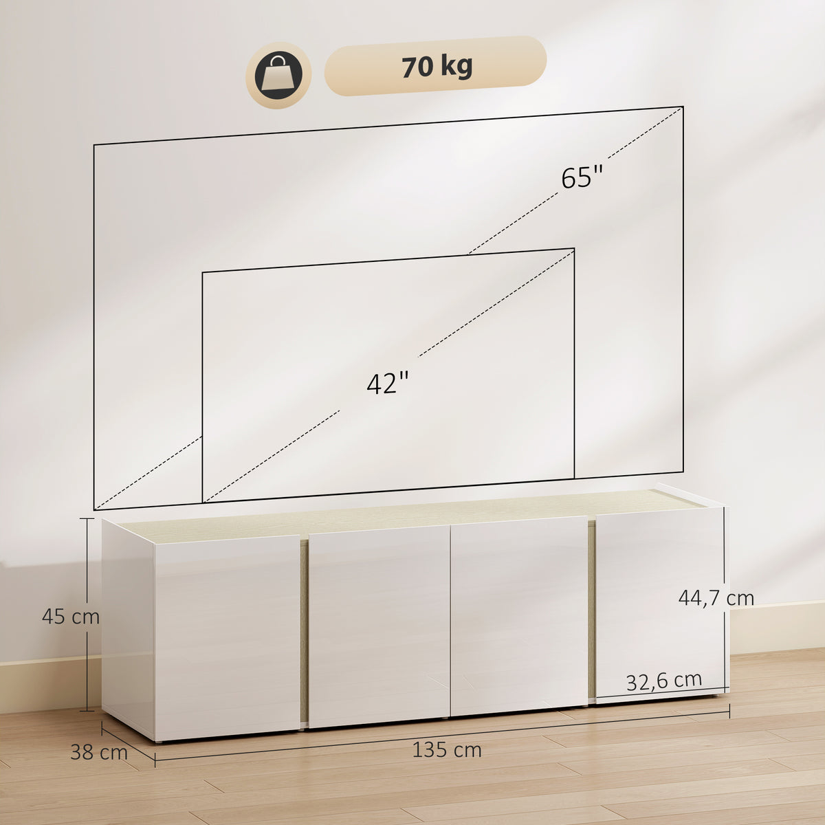 HOMCOM TV-Kommode für 65-Zoll-Fernseher, Fernseh-Schrank mit Soft-Close-Türen, anpassbare Regale, Kabellöcher, für Wohnzimmer, Weiß