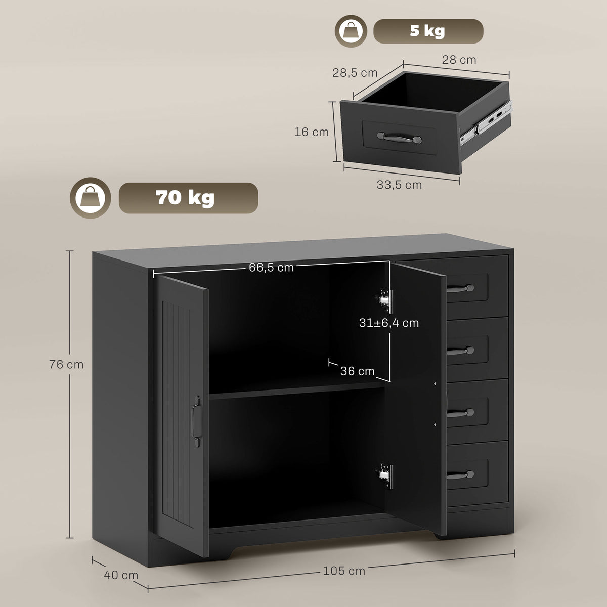 HOMCOM Sideboard, Kommode, moderner Stil, 4 Schubladen, 1 Schrank, 105 x 40 x 76 cm, Schwarz