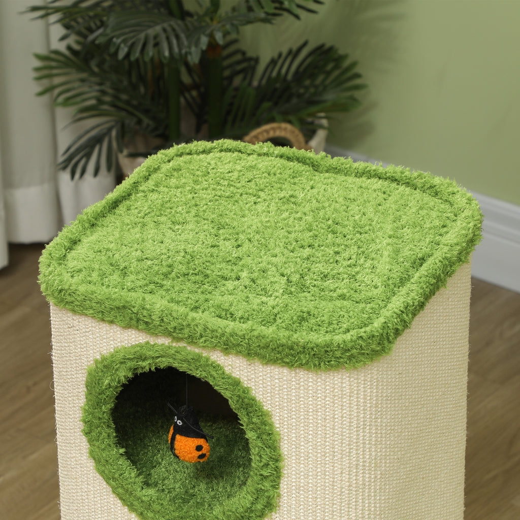 PawHut Kratzturm, 76 cm, Katzenhöhlen mit Plüsch, Kratzfläche, Spielzeug, Grün/Cremeweiß
