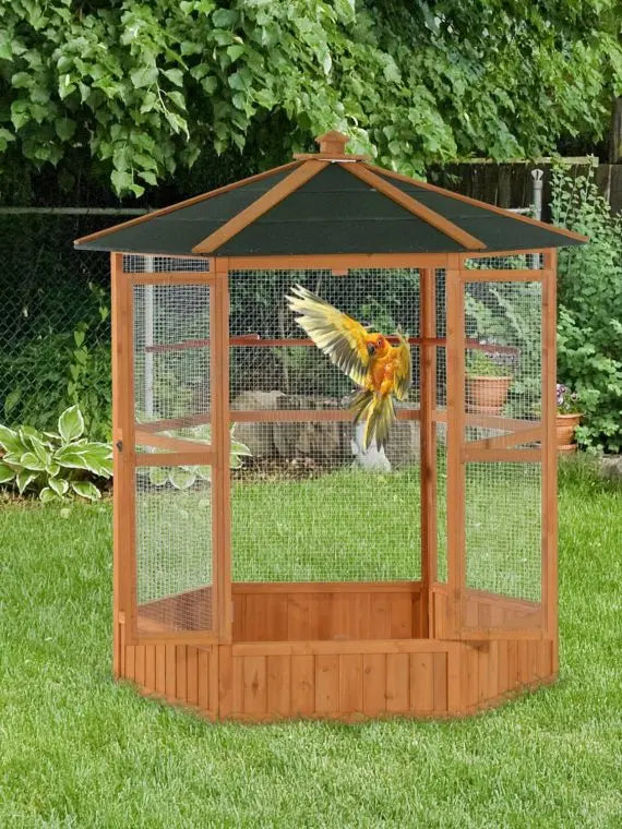 Hexagonal Wooden Outdoor Aviary Bird Cage with Covered Roof – Large